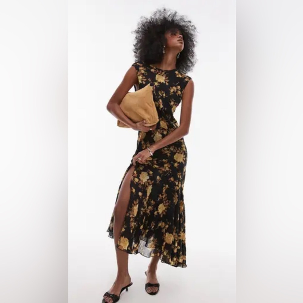 Topshop Black Floral Midi Dress Open Back Slit | NWT Size 8